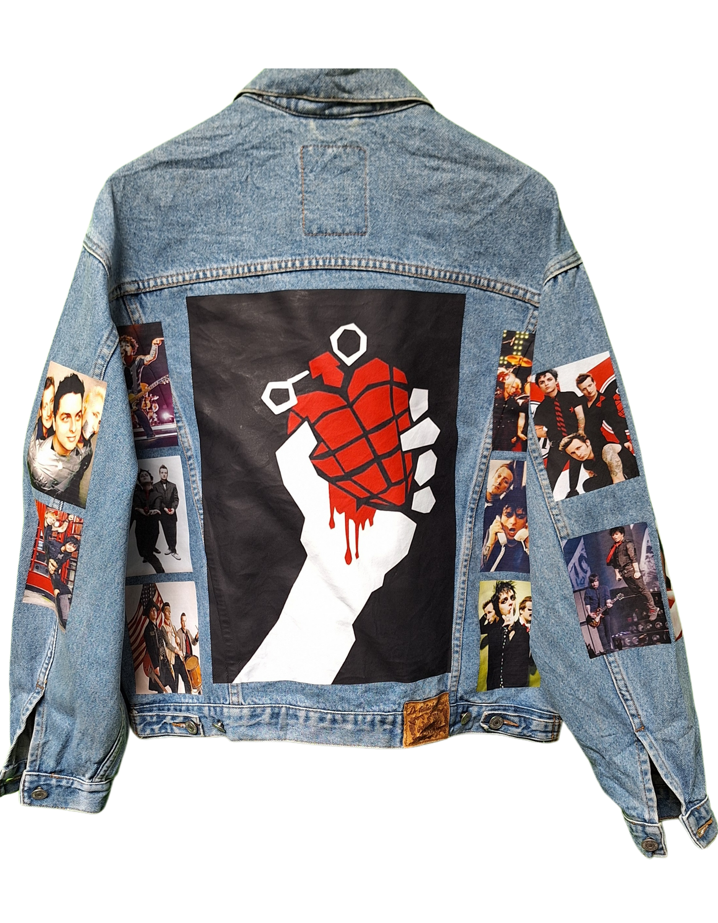 Denim jacket with graphic design and collage of portraits on a white background