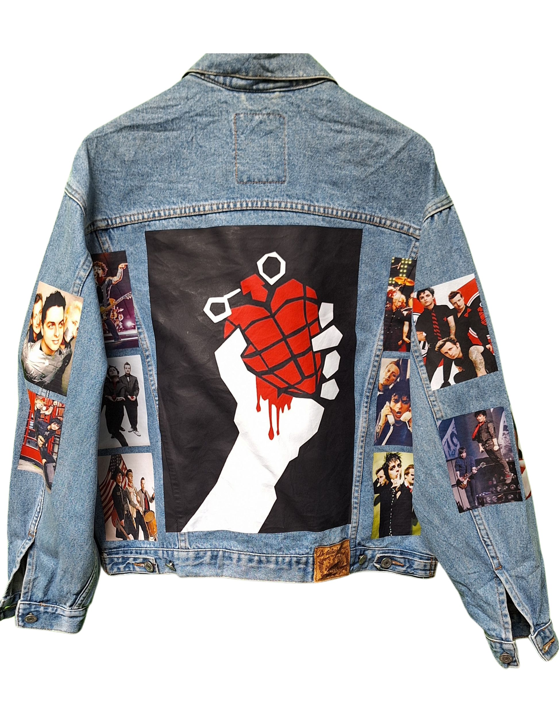 Denim jacket with graphic design and collage of portraits on a white background