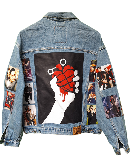 Denim jacket with graphic design and collage of portraits on a white background
