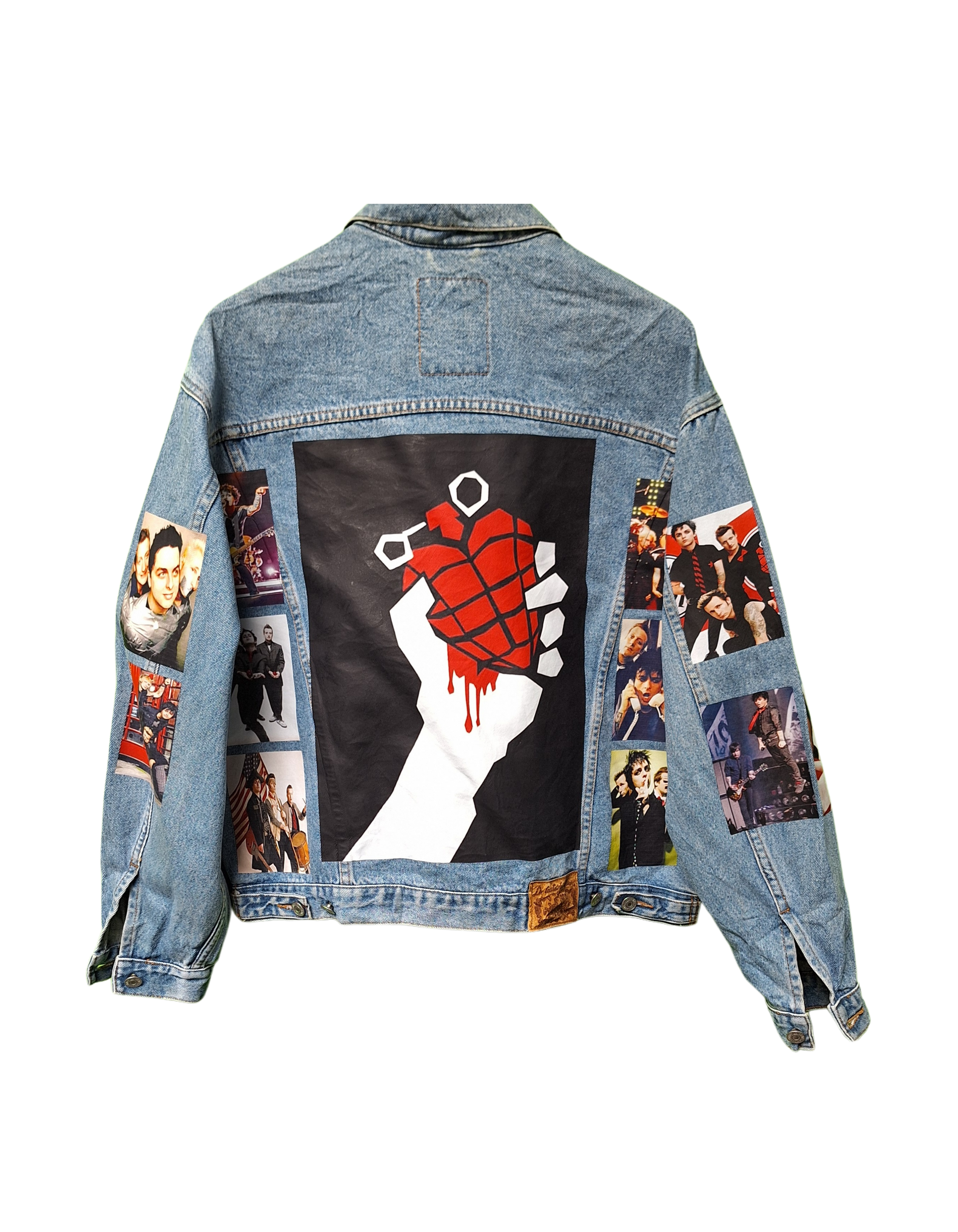 Denim jacket with graphic designs on a white background