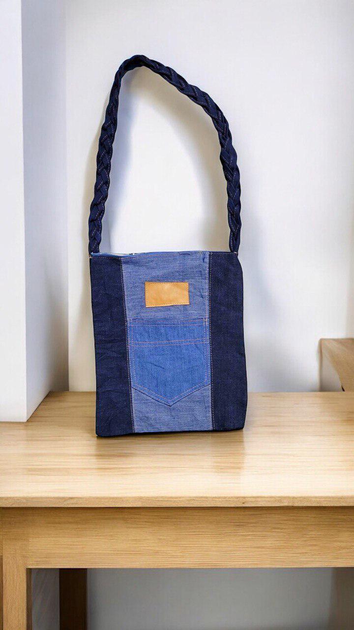 Handcrafted Denim Tote Bag with Braided Handle - Eco-Friendly Upcycled Jean Bag - Stylish and Durable Shoulder Bag for Everyday Use