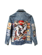 Denim jacket with colorful Japanese-themed patchwork design on a white background