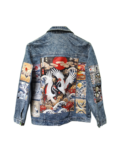 Denim jacket with colorful Japanese-themed patchwork design on a white background