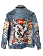 Denim jacket with colorful Japanese-themed patchwork design on a white background