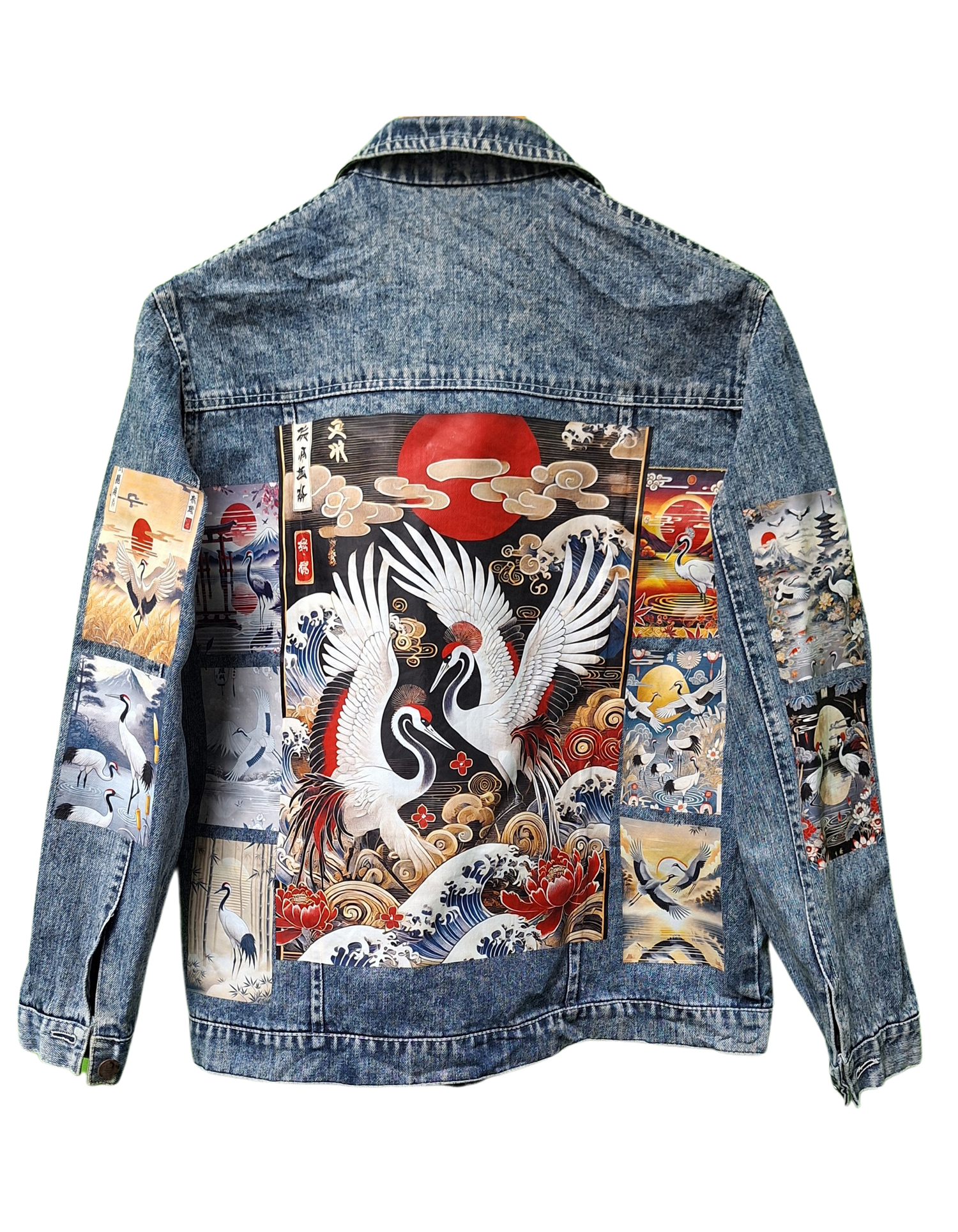 Denim jacket with colorful Japanese-themed patchwork design on a white background