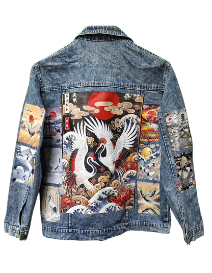 Denim jacket with colorful Japanese-themed patchwork design on a white background