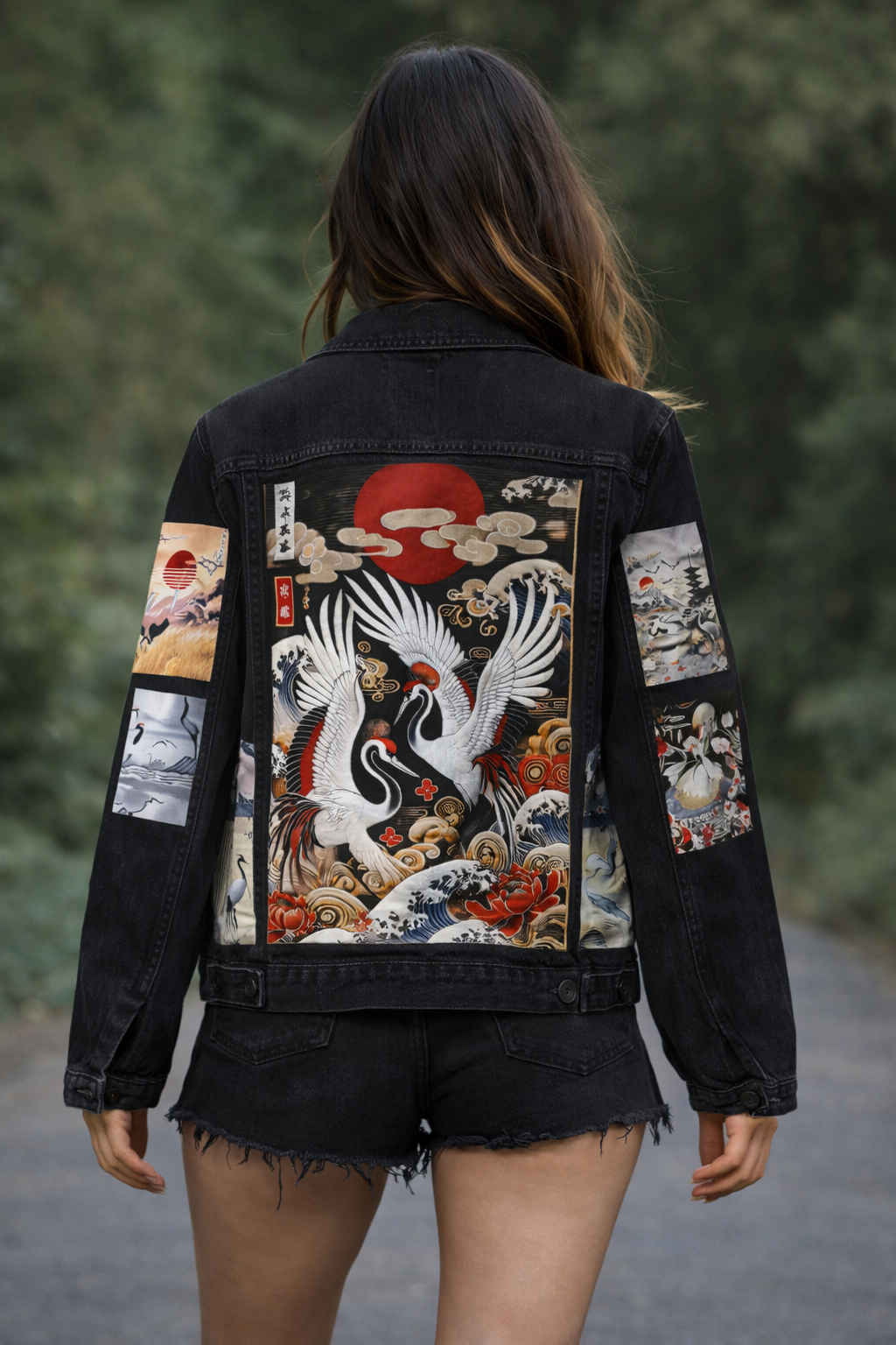Japanese crane theme denim jacket 