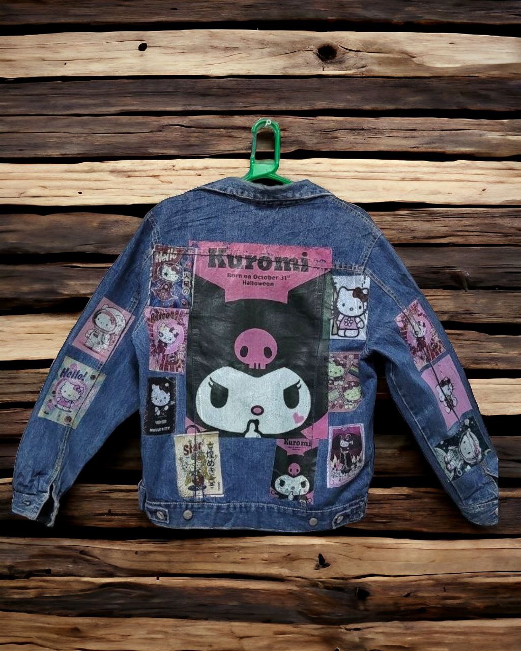 a picture of hello kitty karumi printed on a denim jacket 