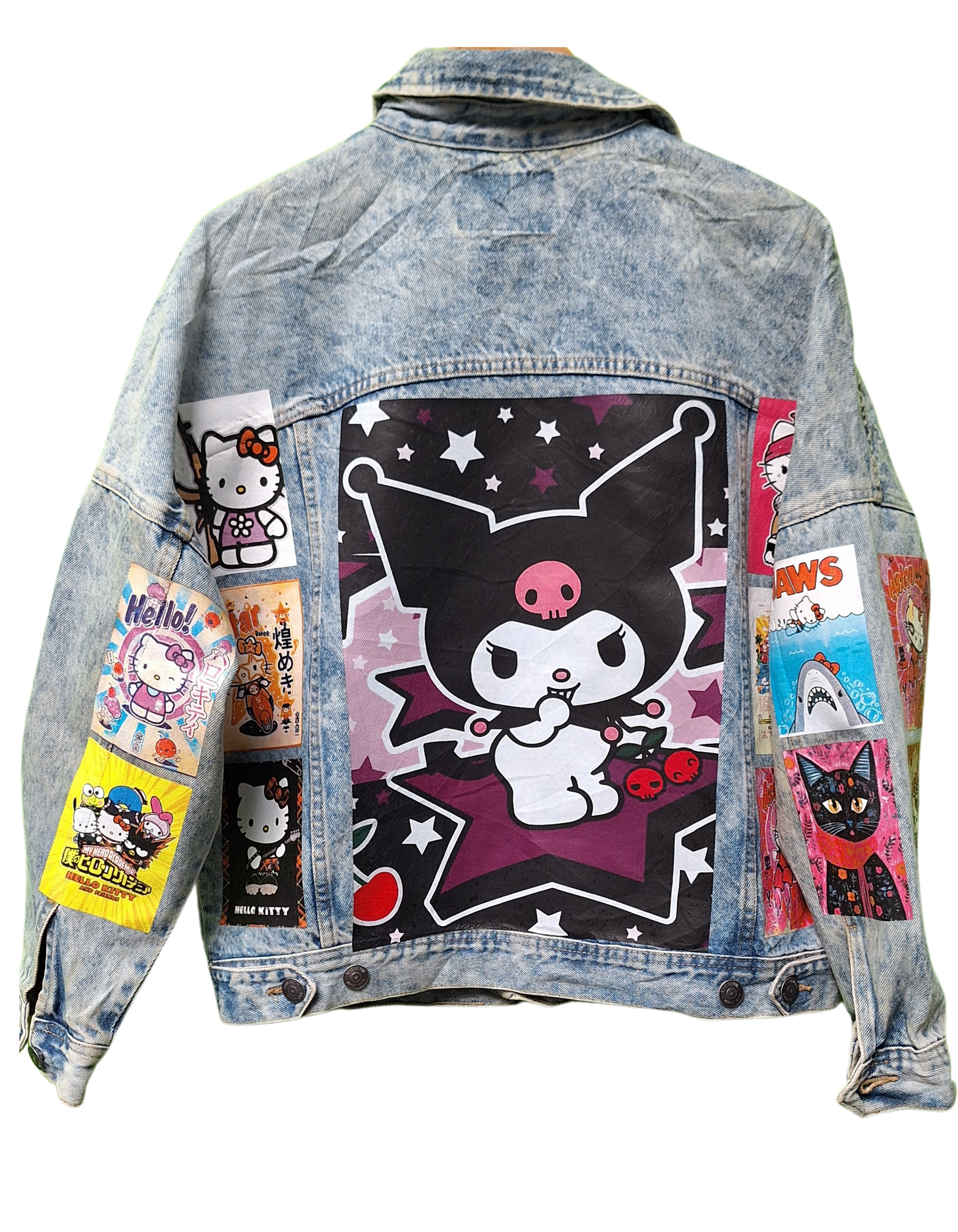 Denim jacket with cartoon character patches on a white background