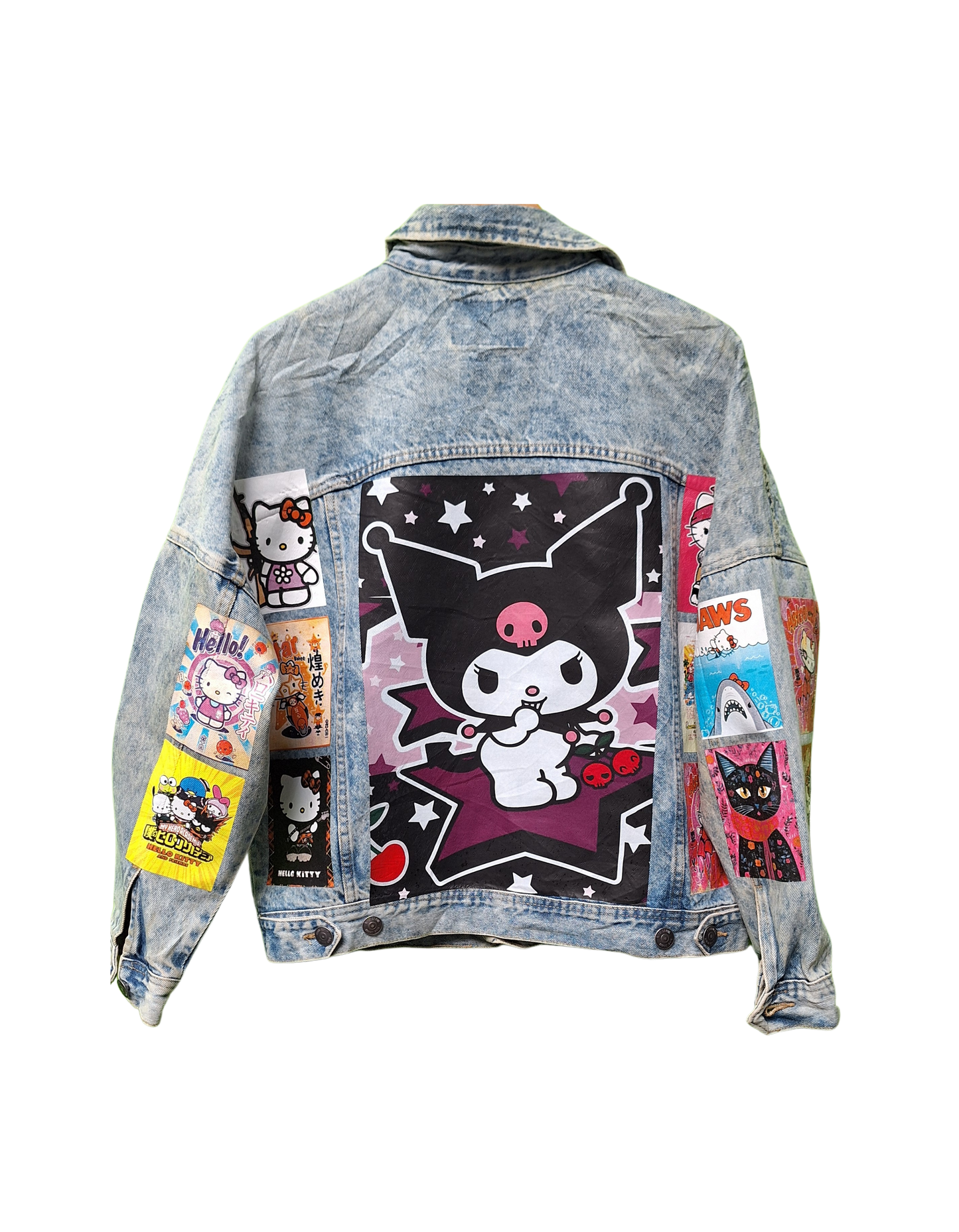 Denim jacket with colorful patches and graphics on a white background