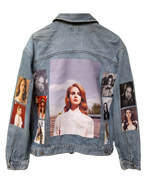 Denim jacket with collage of images on a white background