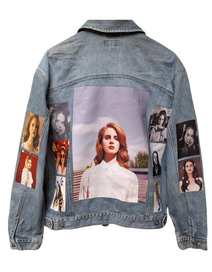 Denim jacket with collage of images on a white background