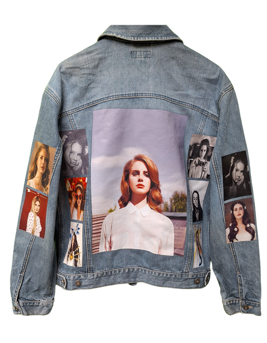 Denim jacket with collage of images on a white background
