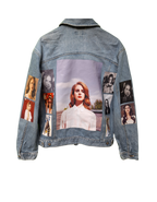 Denim jacket with collage of images on a white background