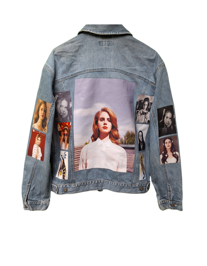 Denim jacket with collage of images on a white background