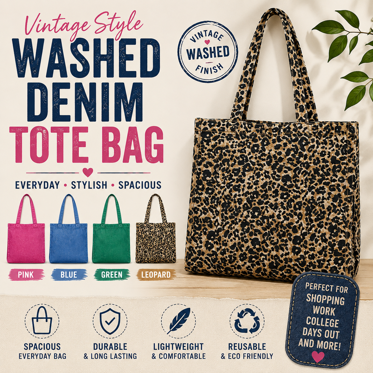 Washed Denim Tote Bag – Vintage Style Everyday Shopper