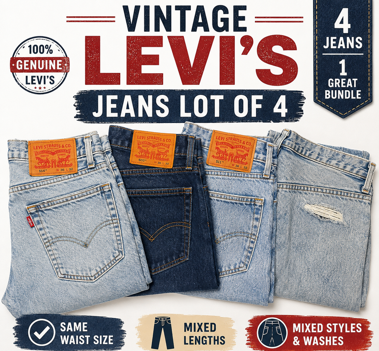 Vintage Levi's Jeans Lot of 4 | Genuine Men's Levi's Denim Bundle | Same Waist Size | Mixed Length
