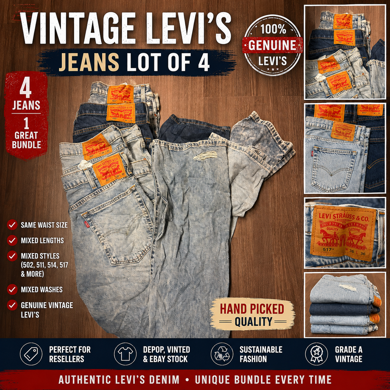 Vintage Levi's Jeans Lot of 4 | Genuine Men's Levi's Denim Bundle | Same Waist Size | Mixed Length