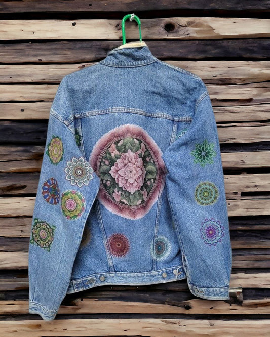 a picture of mandala printed on a denim jacket 