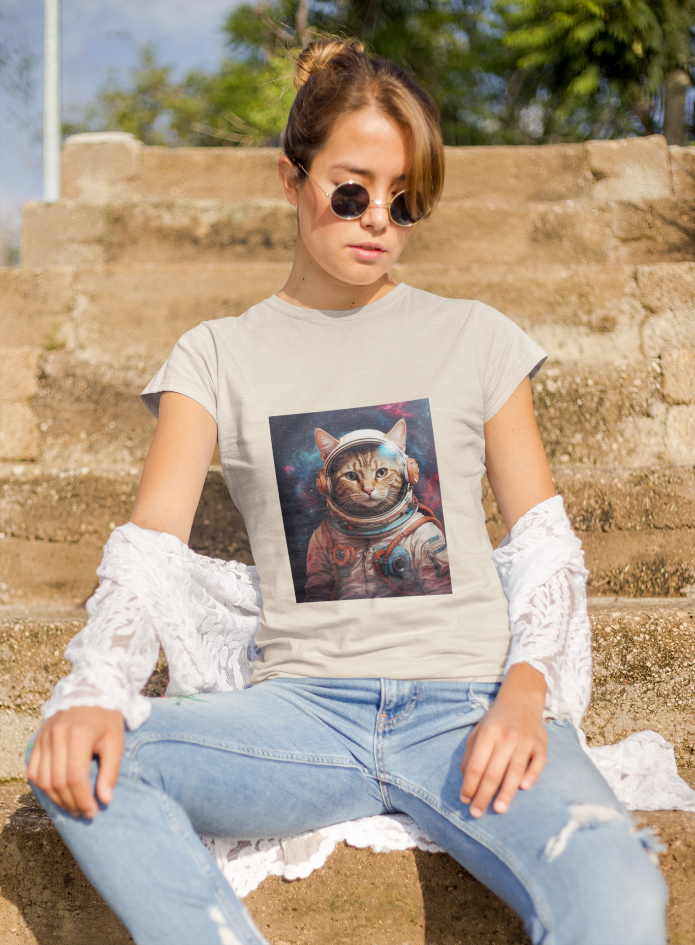 a woman wearing a beige space cat T-shirt