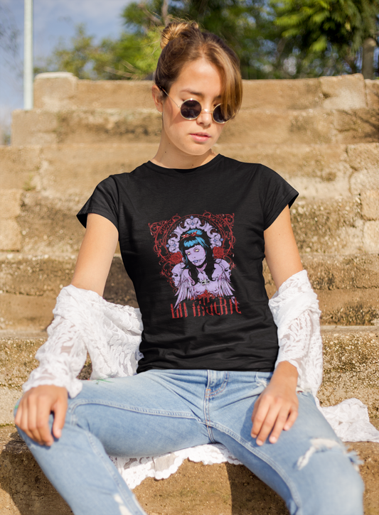 a woman wearing a black La Muerte T-shirt