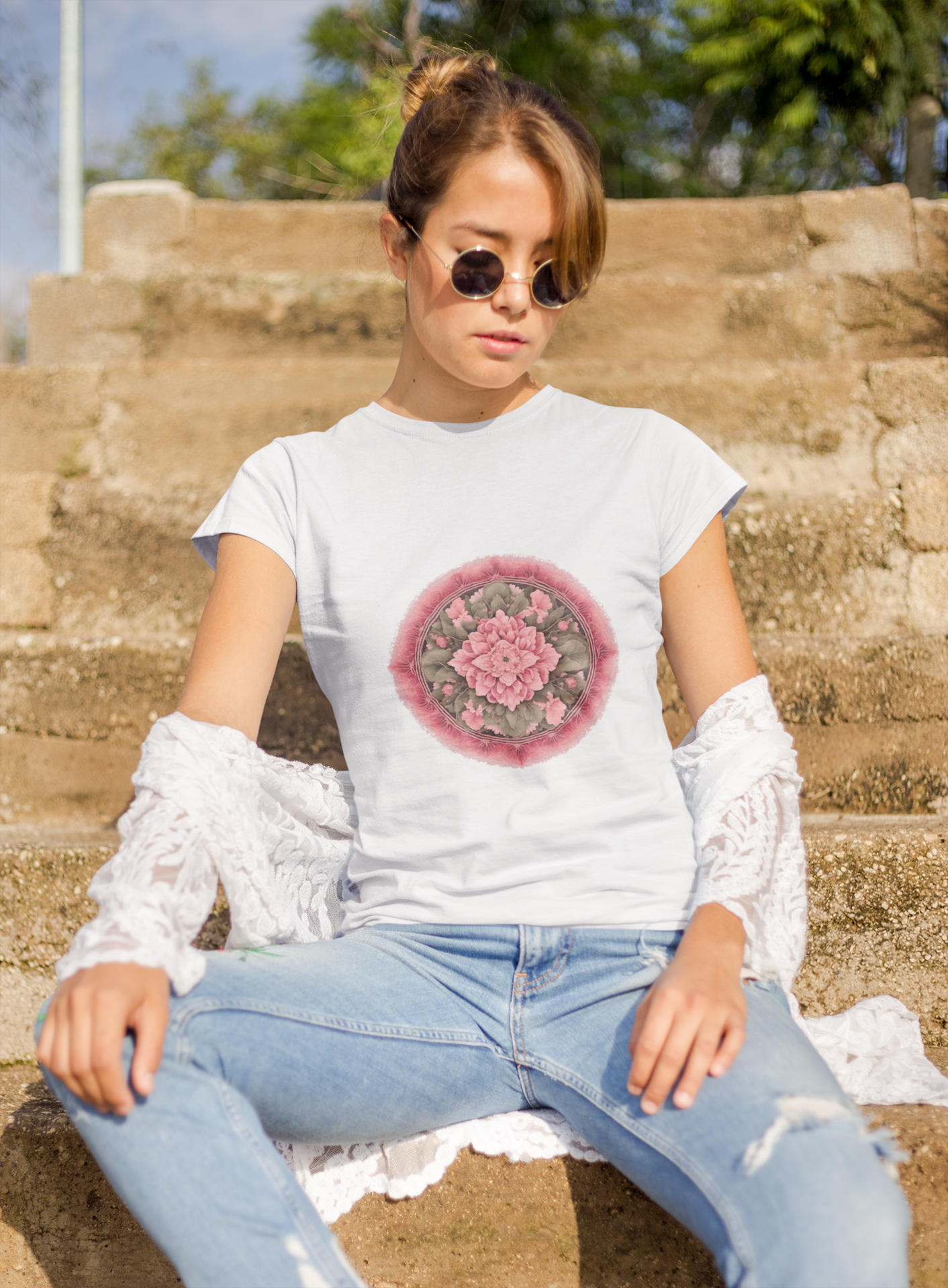 a woman wearing a white Mandela T-shirt