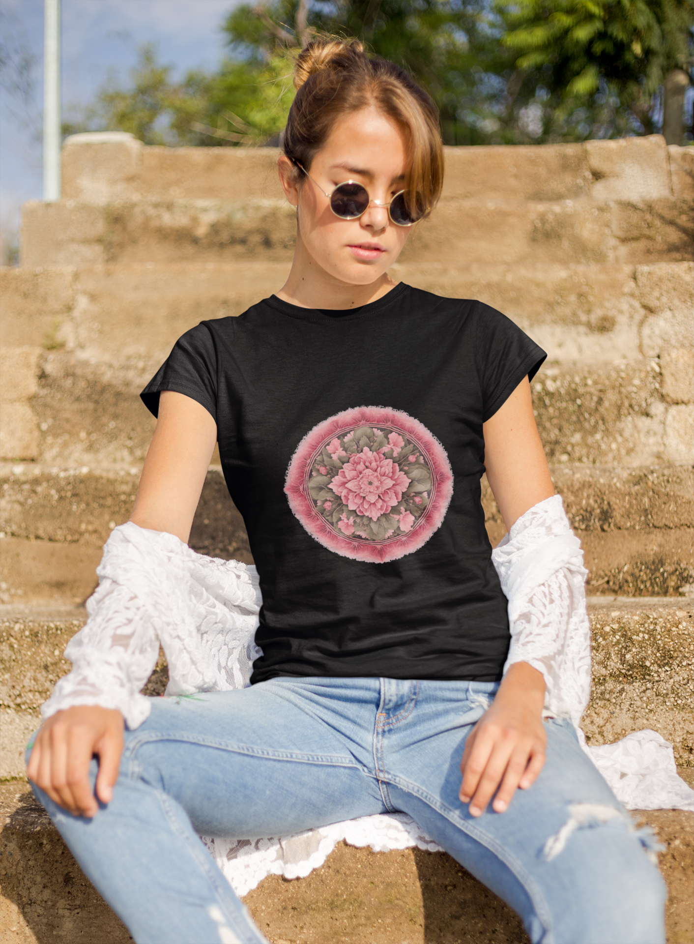 a woman wearing a black Mandela T-shirt