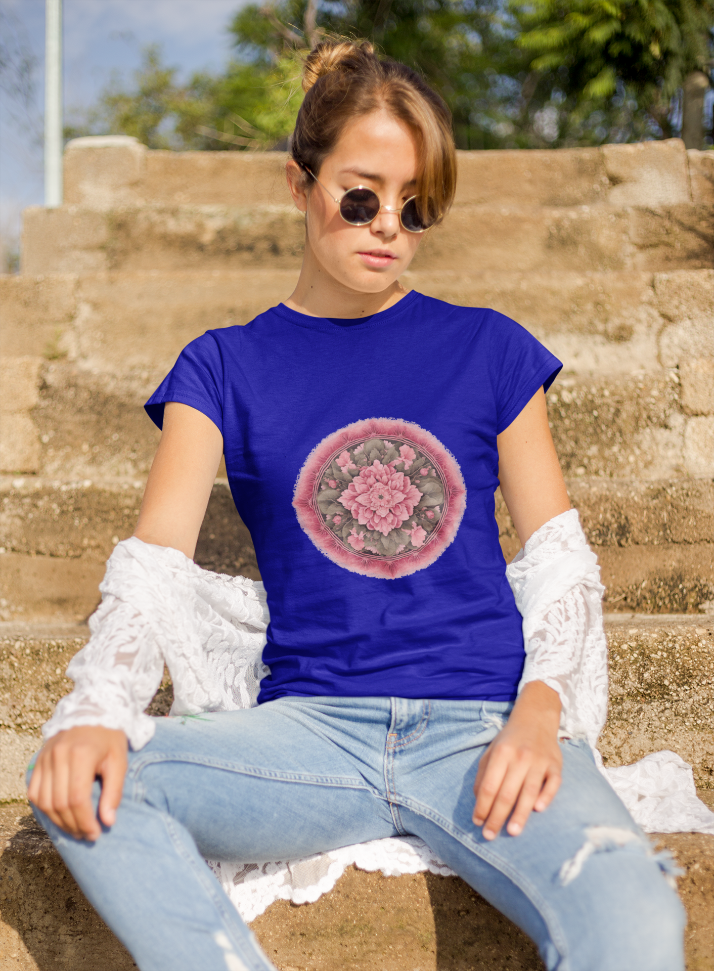 a woman wearing a blue Mandela T-shirt