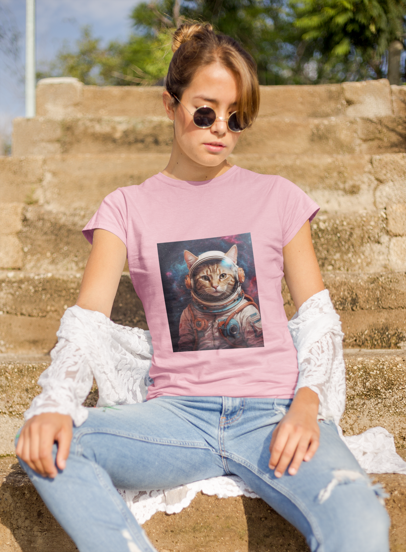 a woman wearing a pink space cat T-shirt