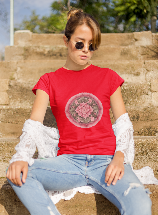 a woman wearing a red Mandela T-shirt