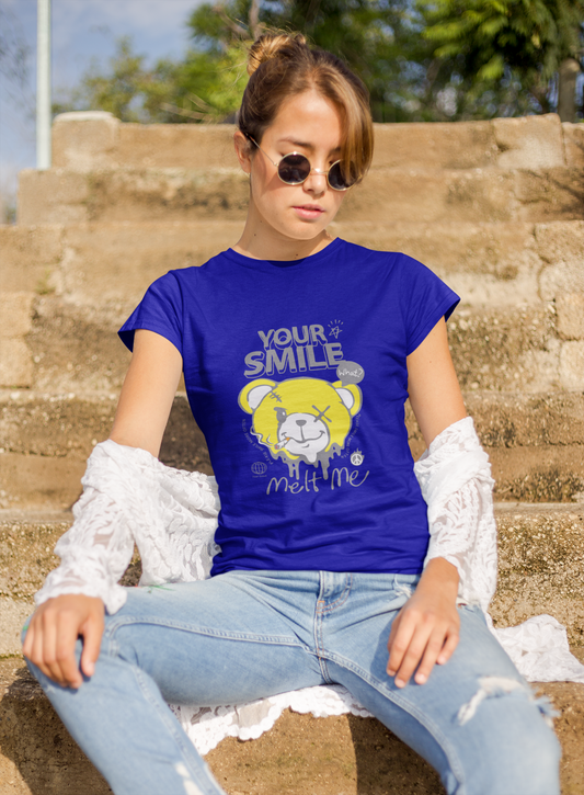 a woman wearing a blue panda letter and expression T-shirt