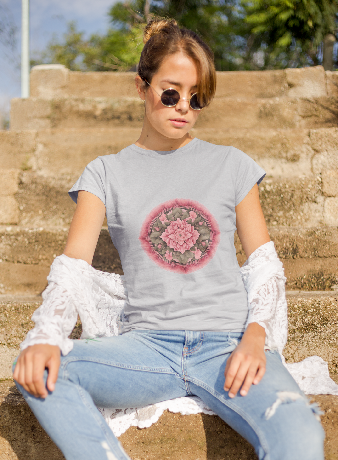 a woman wearing a grey Mandela T-shirt