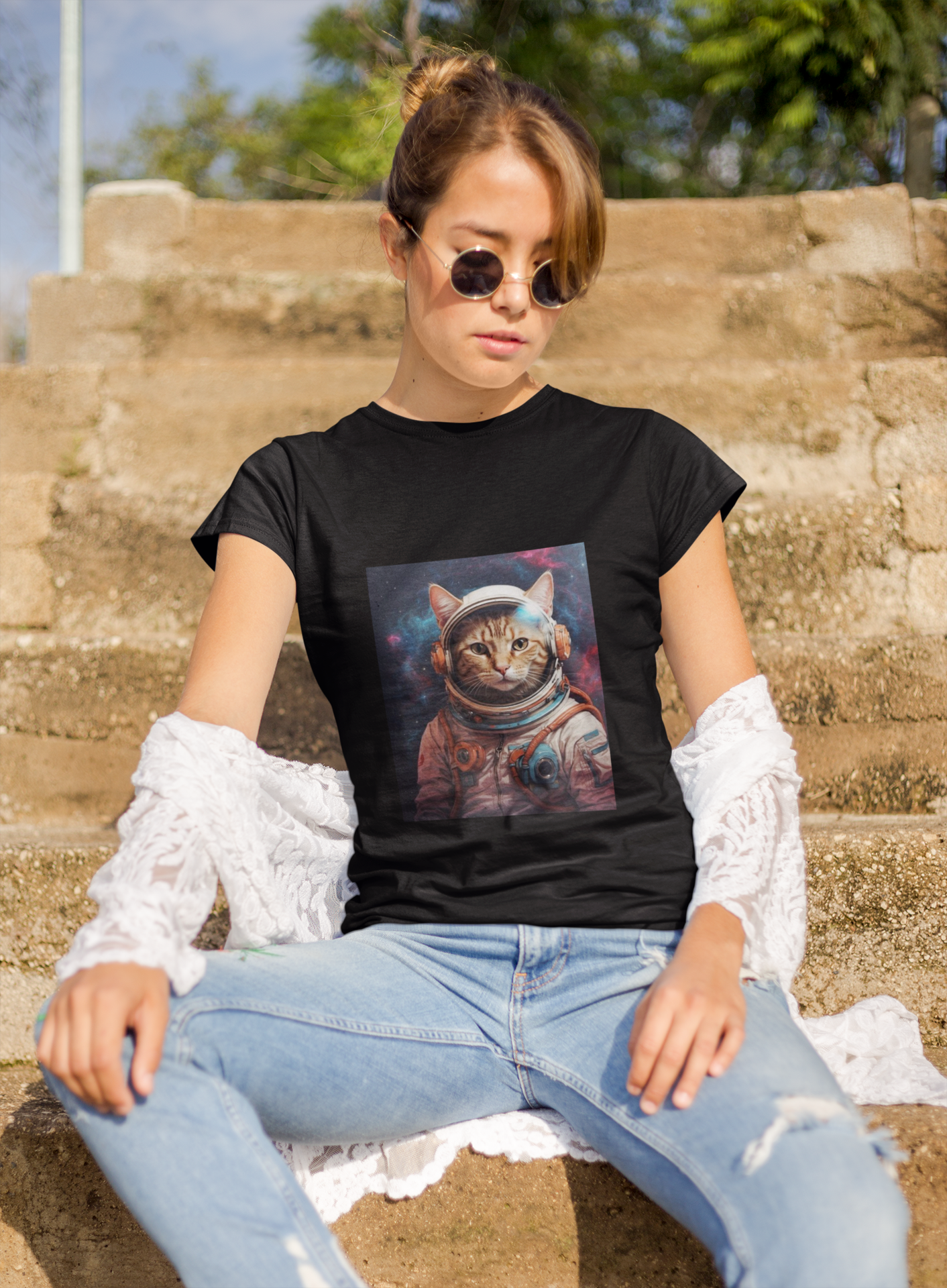 a woman wearing a black space cat T-shirt