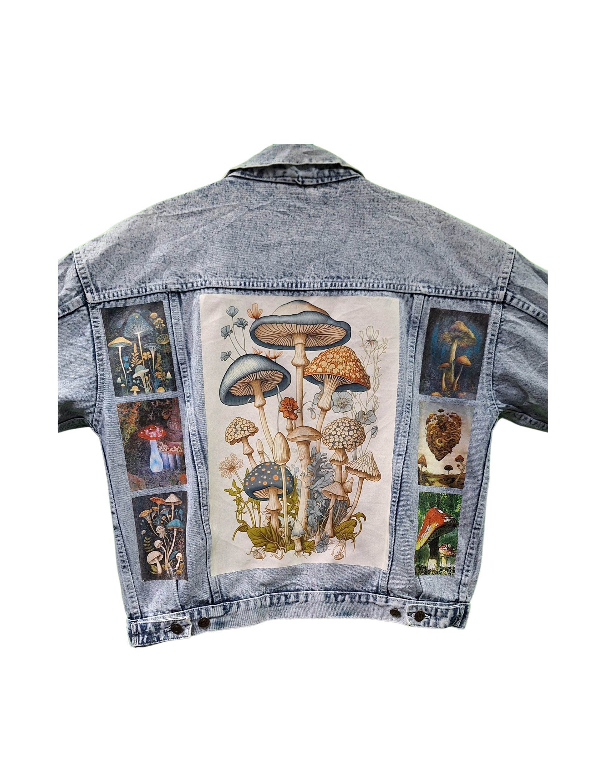Denim jacket with mushroom illustrations on a white background