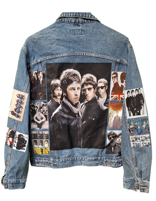 Denim jacket with collage of images and a Union Jack flag on a white background