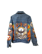 Denim jacket with colorful phoenix design on a white background