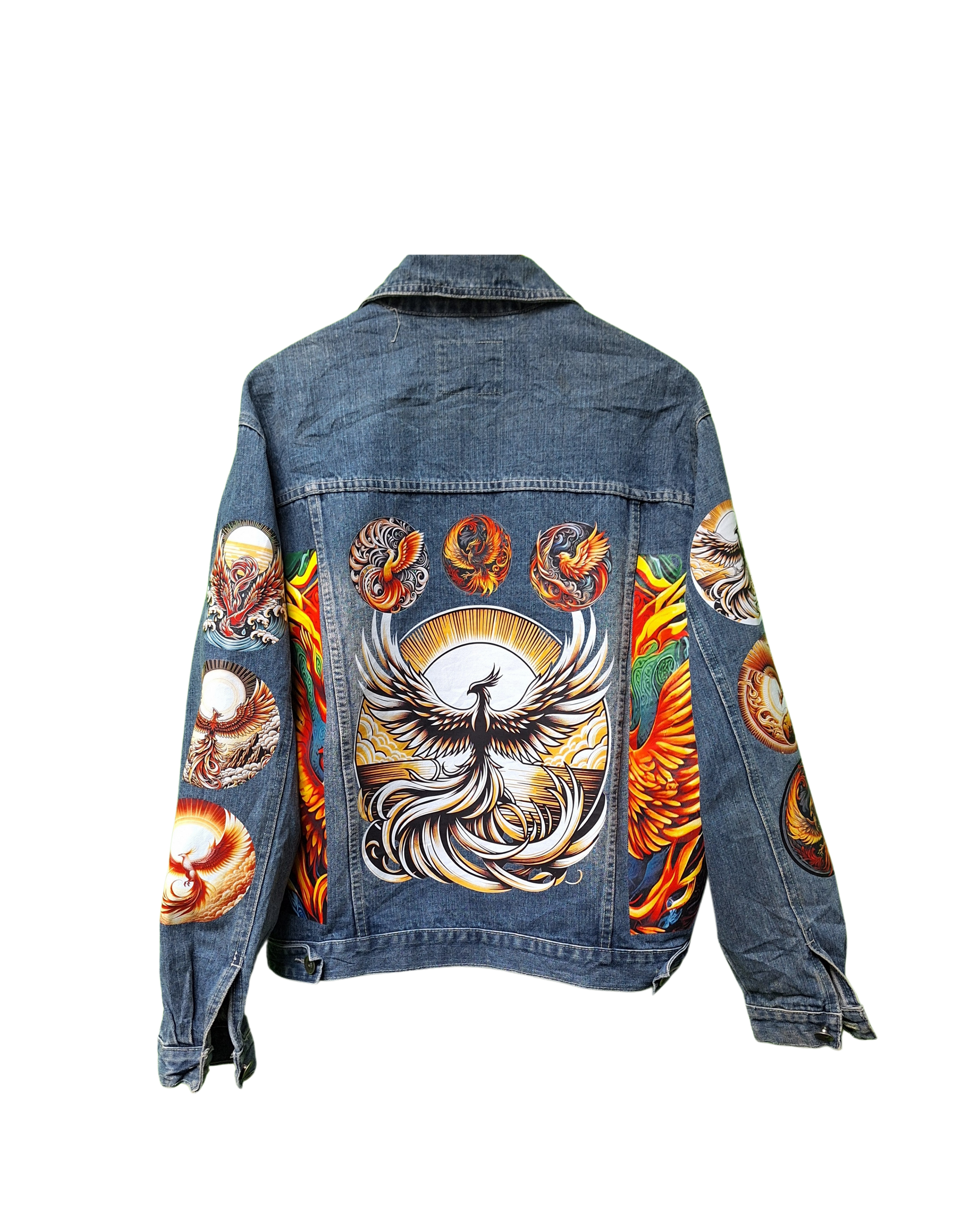 Denim jacket with colorful phoenix design on a white background