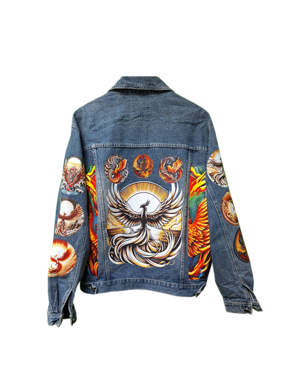 Denim jacket with colorful phoenix design on a white background