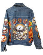 Denim jacket with colorful phoenix designs on a white background