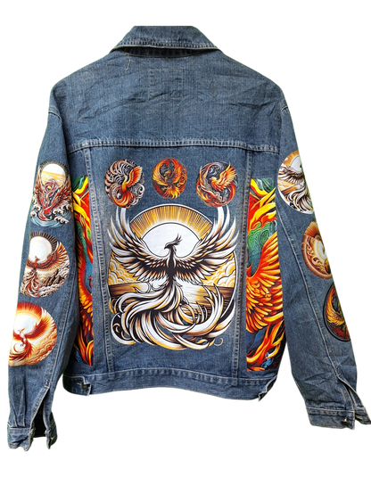 Denim jacket with colorful phoenix designs on a white background
