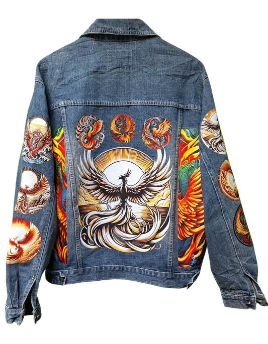 Denim jacket with colorful phoenix designs on a white background