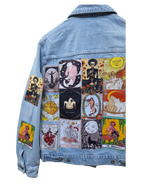 Denim jacket with tarot card designs on a white background