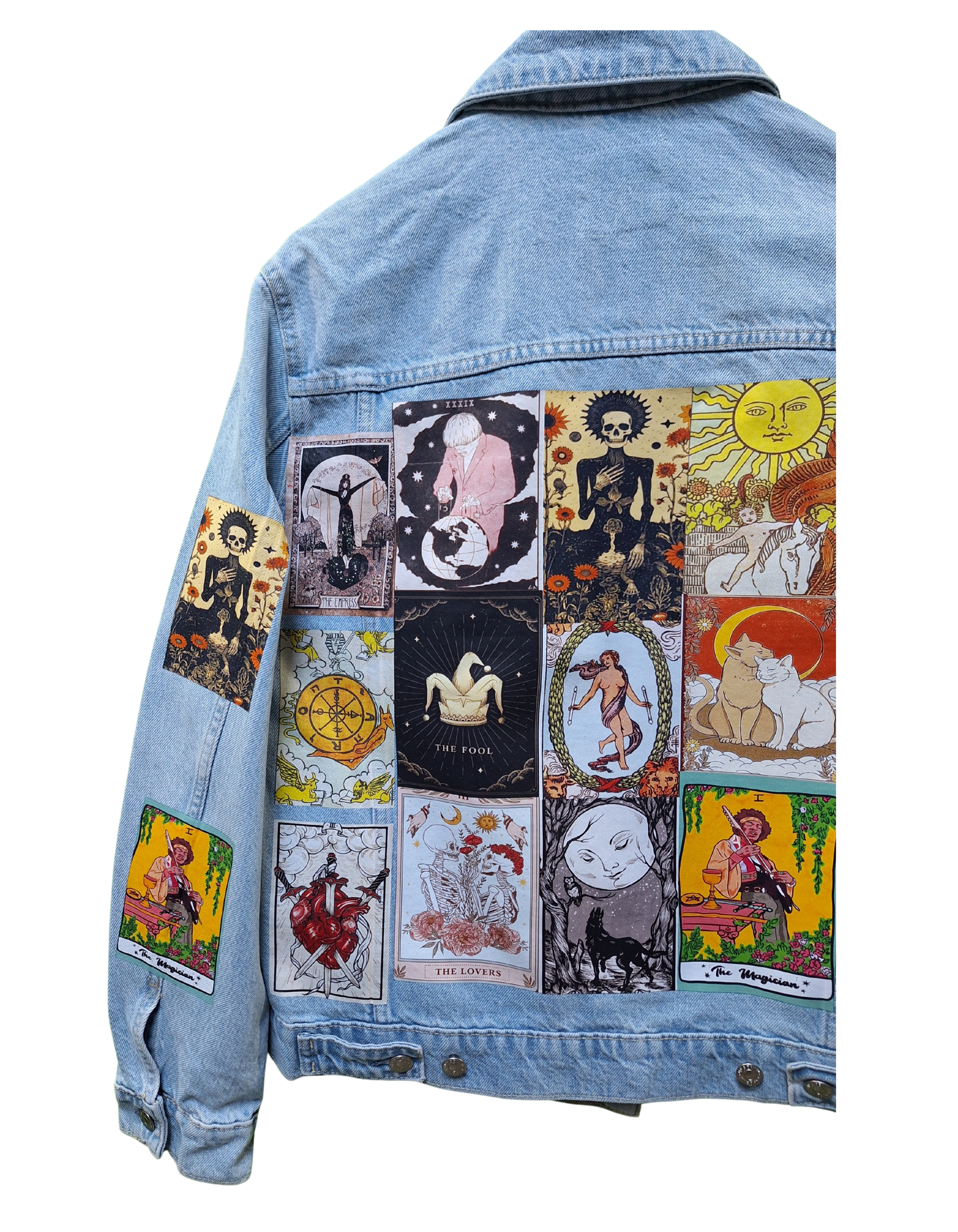 Denim jacket with tarot card designs on a white background