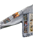 Denim jacket with mushroom illustrations on a white background