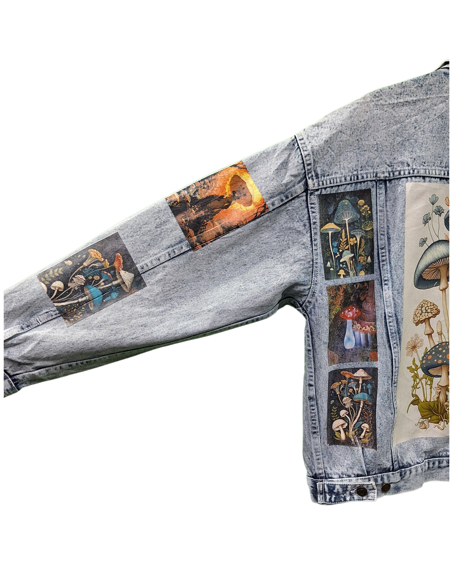 Denim jacket with mushroom illustrations on a white background