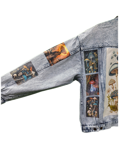 Denim jacket with mushroom illustrations on a white background