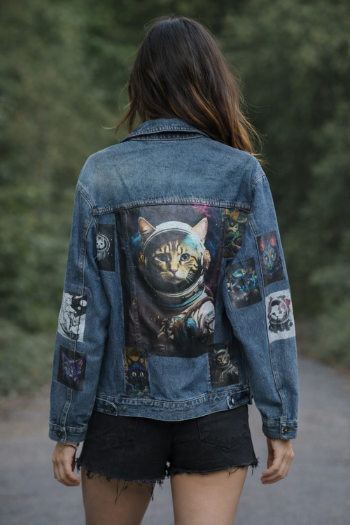 space cat theme denim jacket 