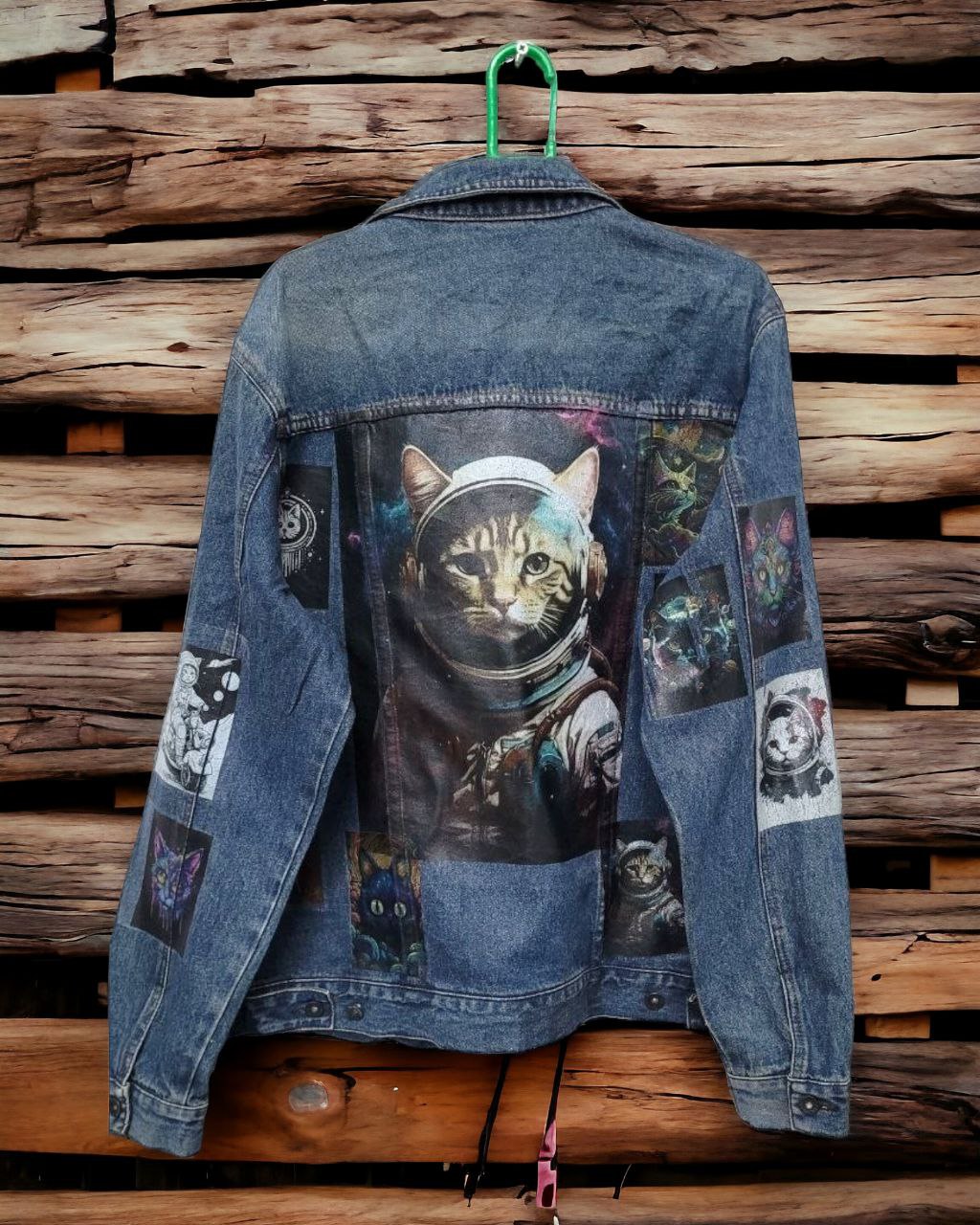 a picture of space cat printed denim jackets