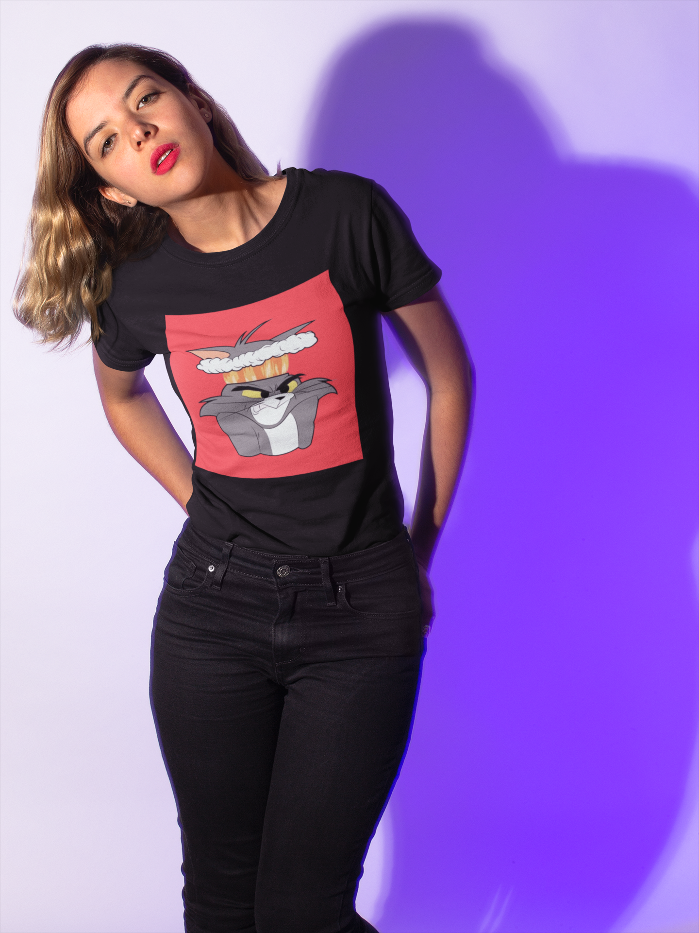 a picture of a woman wearing a black Tom and Gerry cartoon  t - shirt 