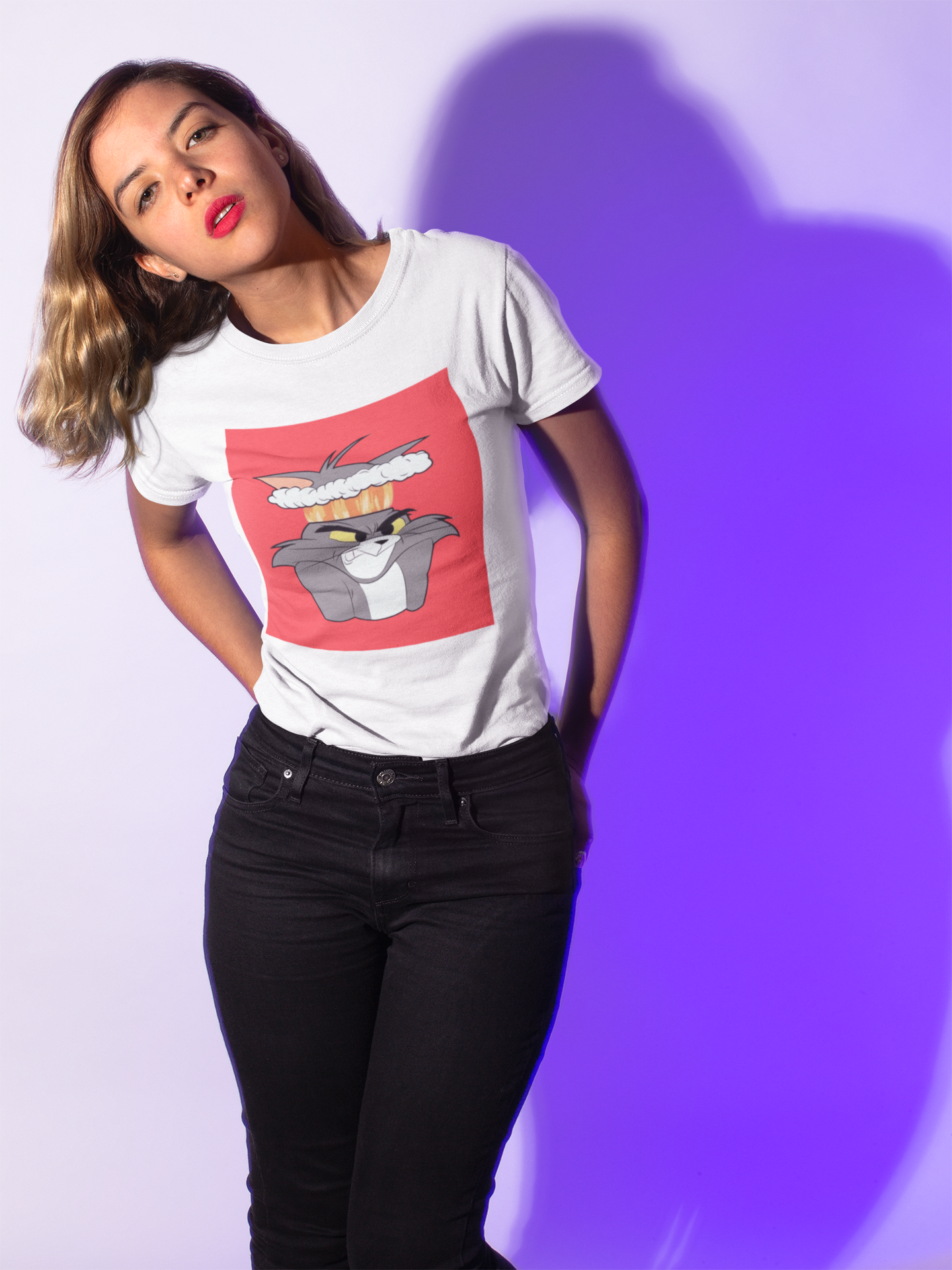 a picture of a woman wearing a white Tom and Gerry cartoon  t - shirt 